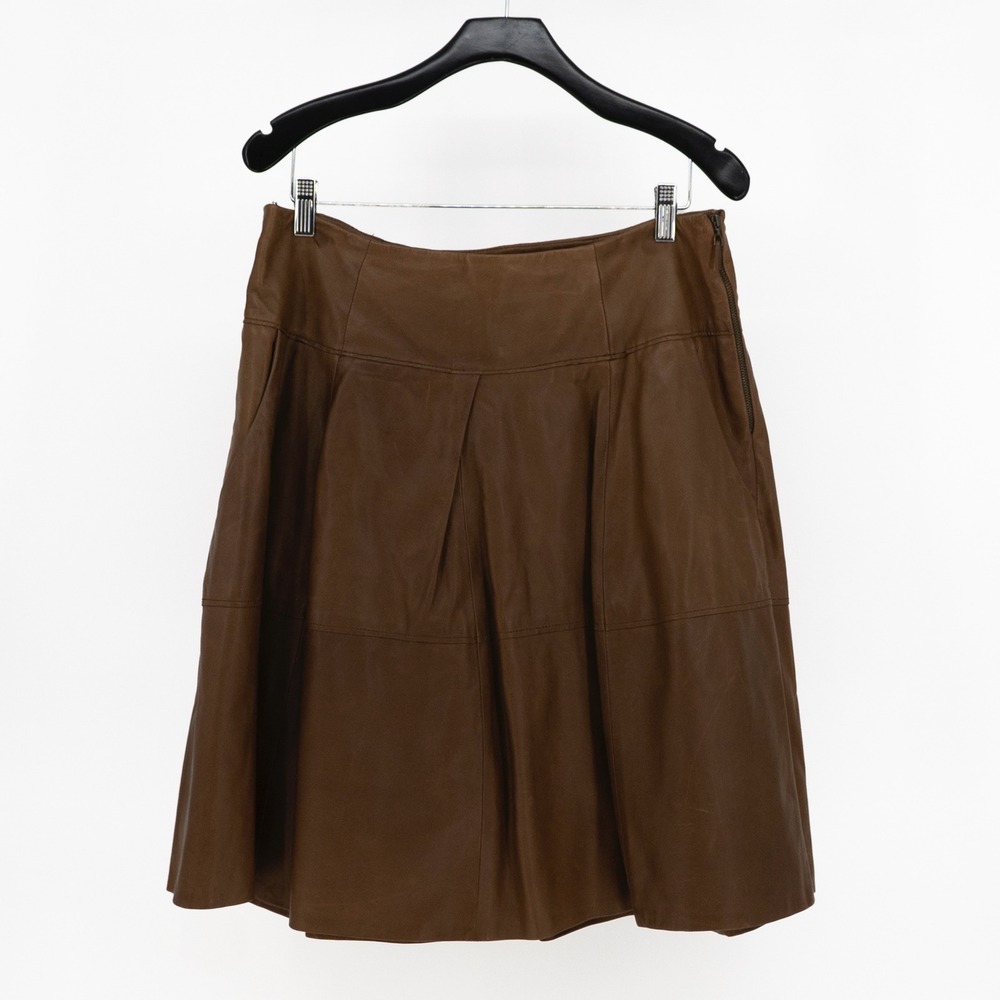 Brunello Cucinelli Genuine Leather A Line Pull On Mini Skirt Brown Tan 12